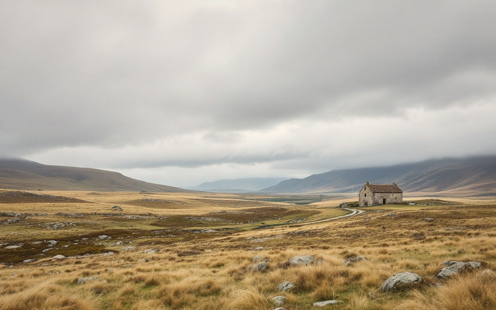 Open Aubrac plateau, granite and grass, heavy cloud moving across from the west, a single stone building at the edge of frame