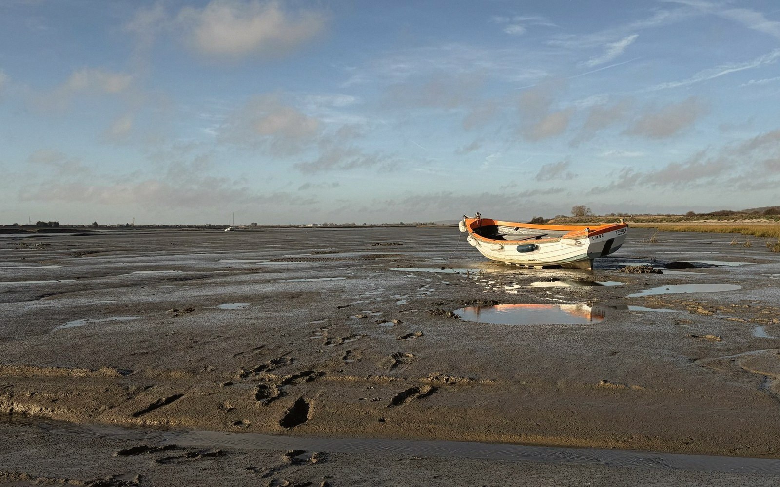 The Baie de Somme estuary in flat winter light, grey water and pale sand