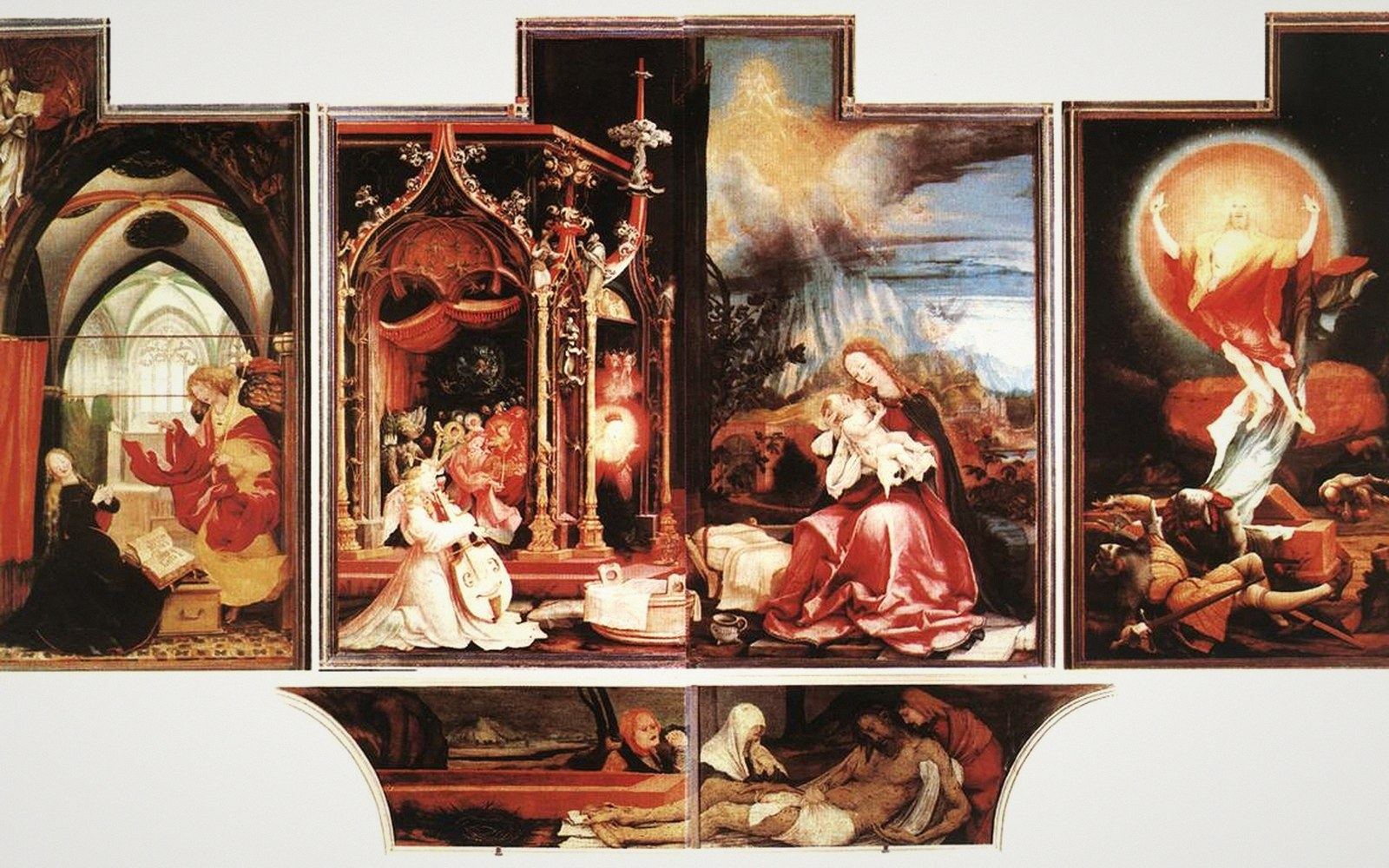 Altarpiece panels depicting the Annunciation, Nativity, Resurrection, and entombment scenes side by side